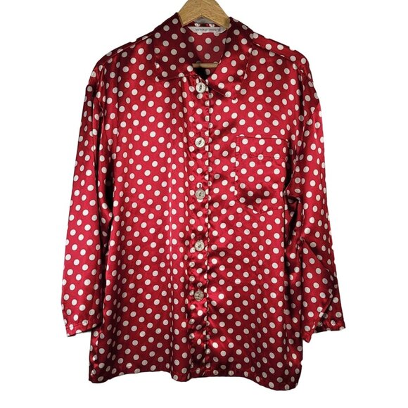 Victoria's Secret Satin Pajama Top Nightshirt Red Small Long Sleeve Dot Button - Picture 1 of 6